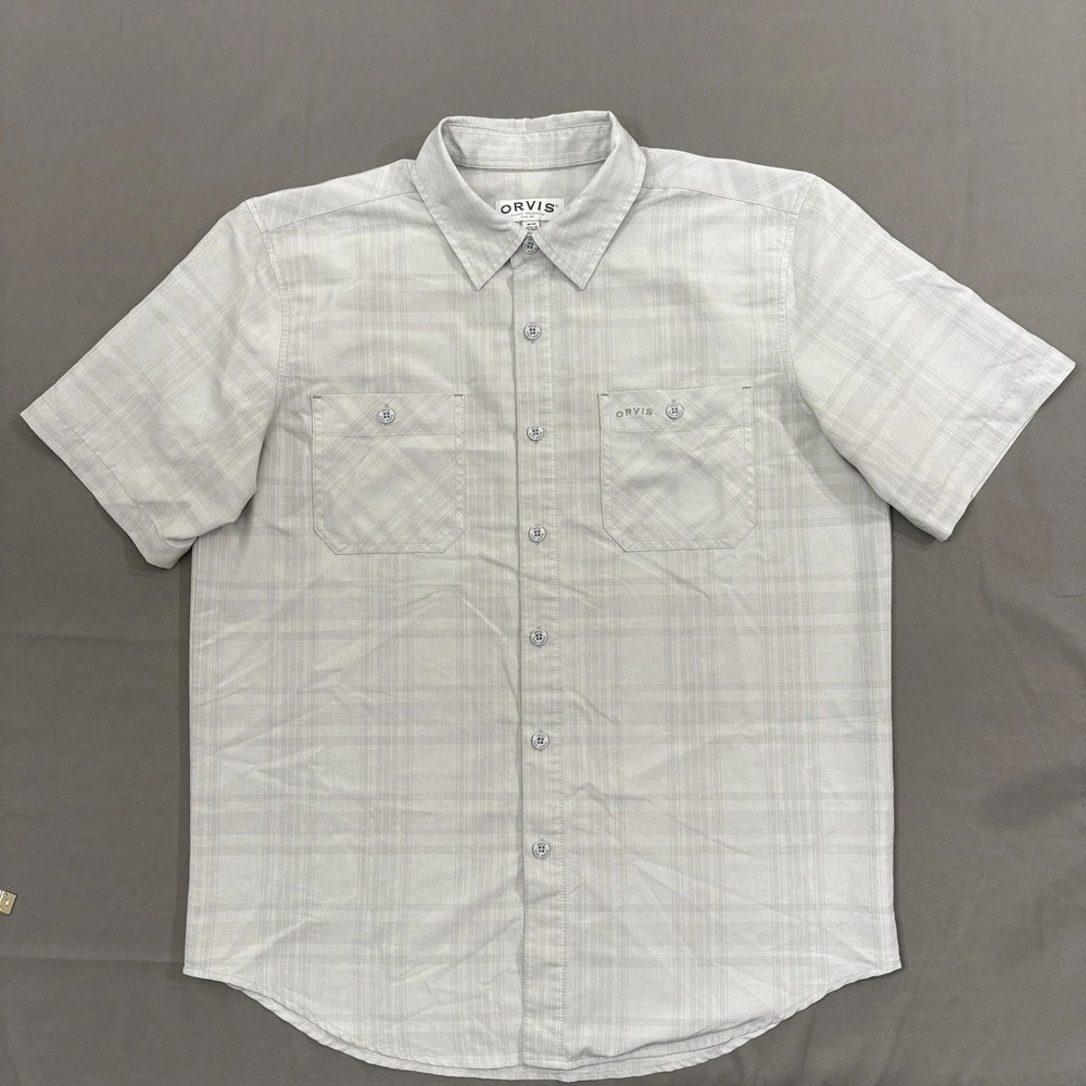 Orvis Camp Shirt Mens Medium Grey Plaid Short Sleeve Button Down Fishing Hiking
